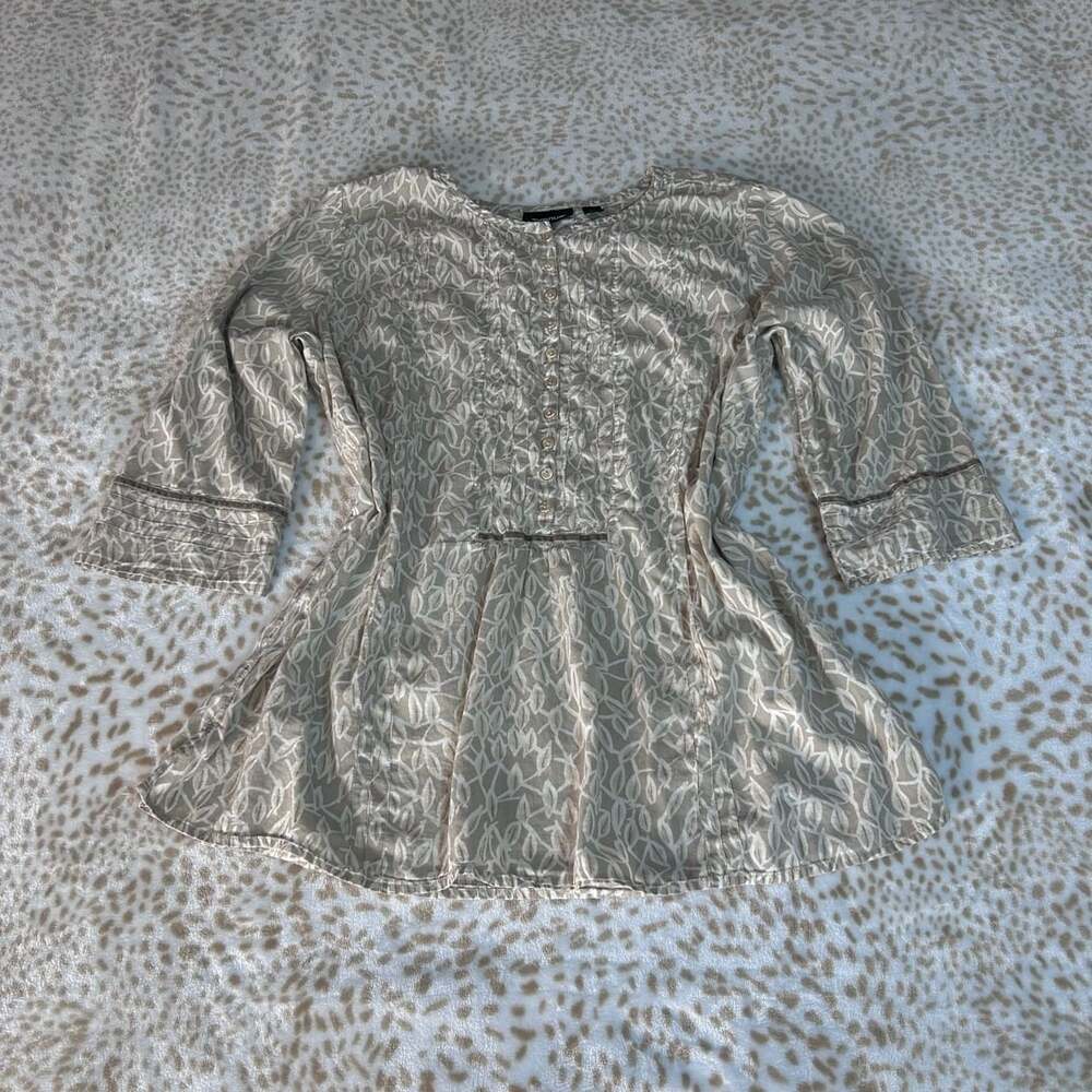 Avenue Beige Leaf Print Button Front Pleated Tunic Blouse Top